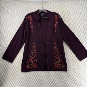 VTG Carole Little Knitwear Petites‎ Cardigan Sweater Embroidered Floral Plum S